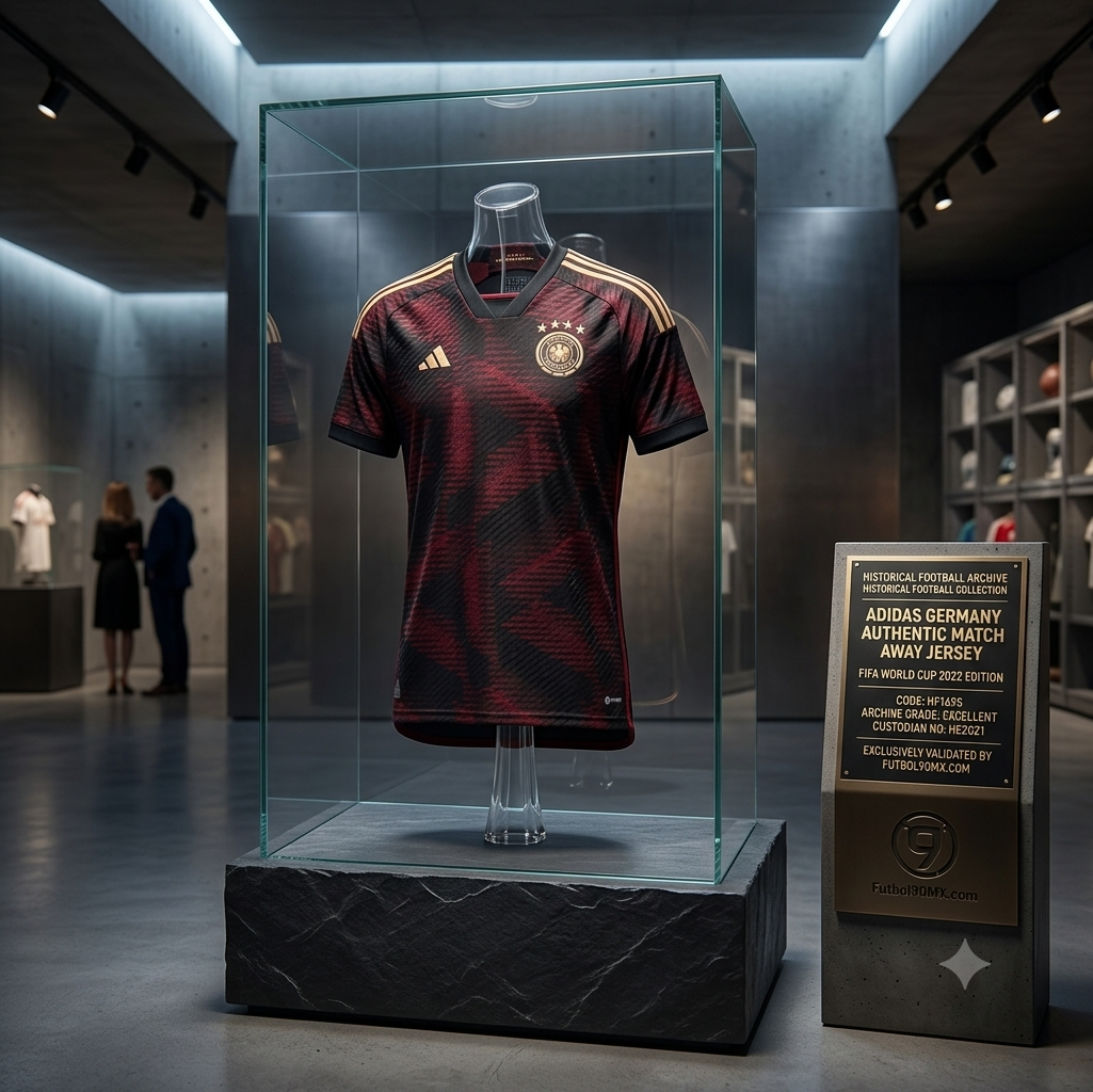 Jersey de visitante Alemania Mundial FIFA 2022, codigo HF1695, exhibido en vitrina de la Historical Archive Boutique, vista de calidad museo con placa de autenticidad, en Futbol90MX