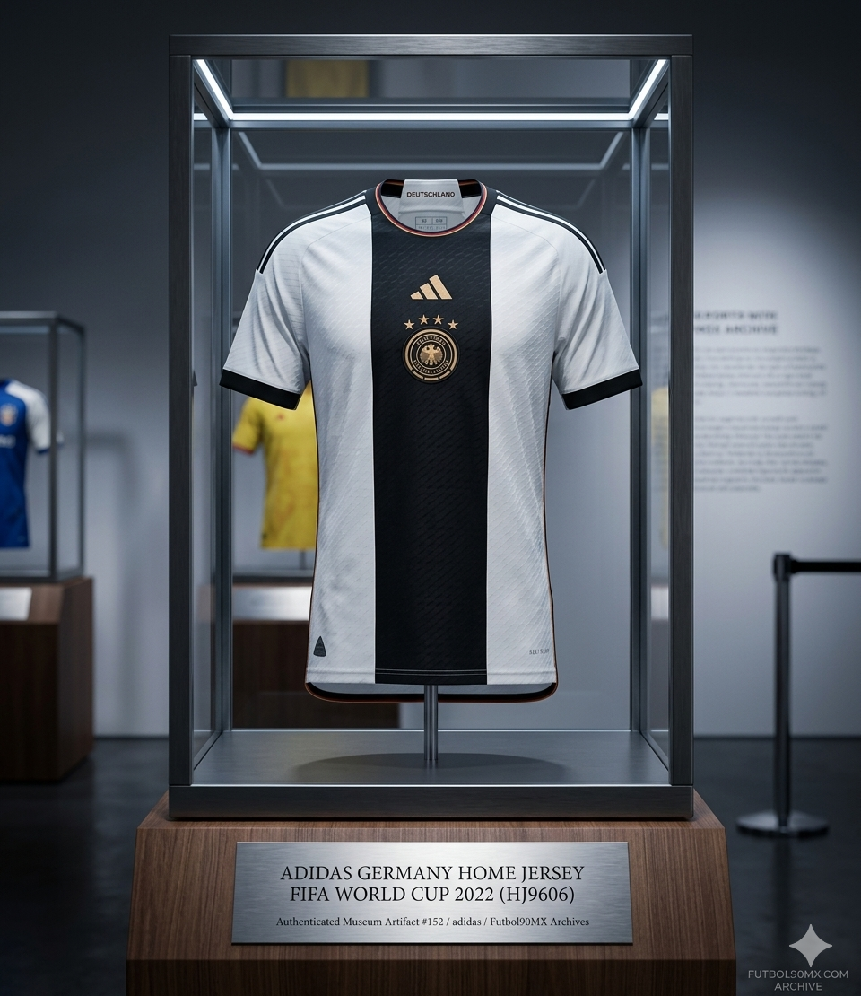 Jersey Adidas Alemania Local Mundial 2022 HJ9606 versión AEROREADY exhibido en vitrina de archivo Futbol90MX.