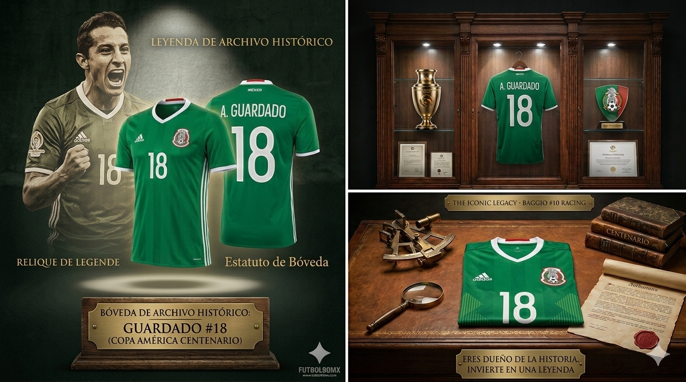 Infografía de archivo histórico Futbol90MX: Jersey México 2016 Guardado en vitrina de museo con parches oficiales y certificado de autenticidad.