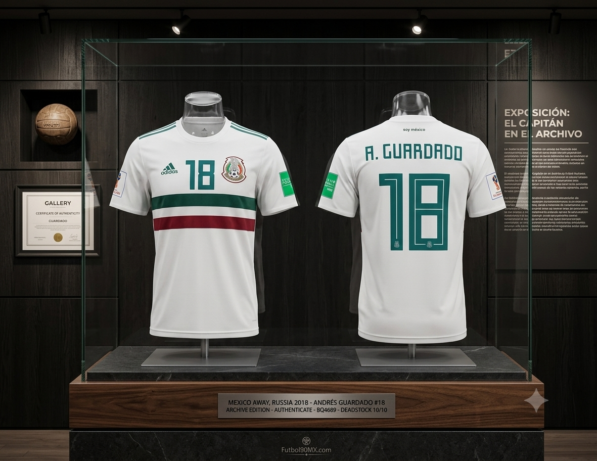 Exhibición 'El Capitán en el Archivo': Jersey Adidas visitante México 2018 de Andrés Guardado en vitrina premium, edición Mundial Rusia 2018, codigo BQ4689 en Historical Archive Boutique Futbol90MX