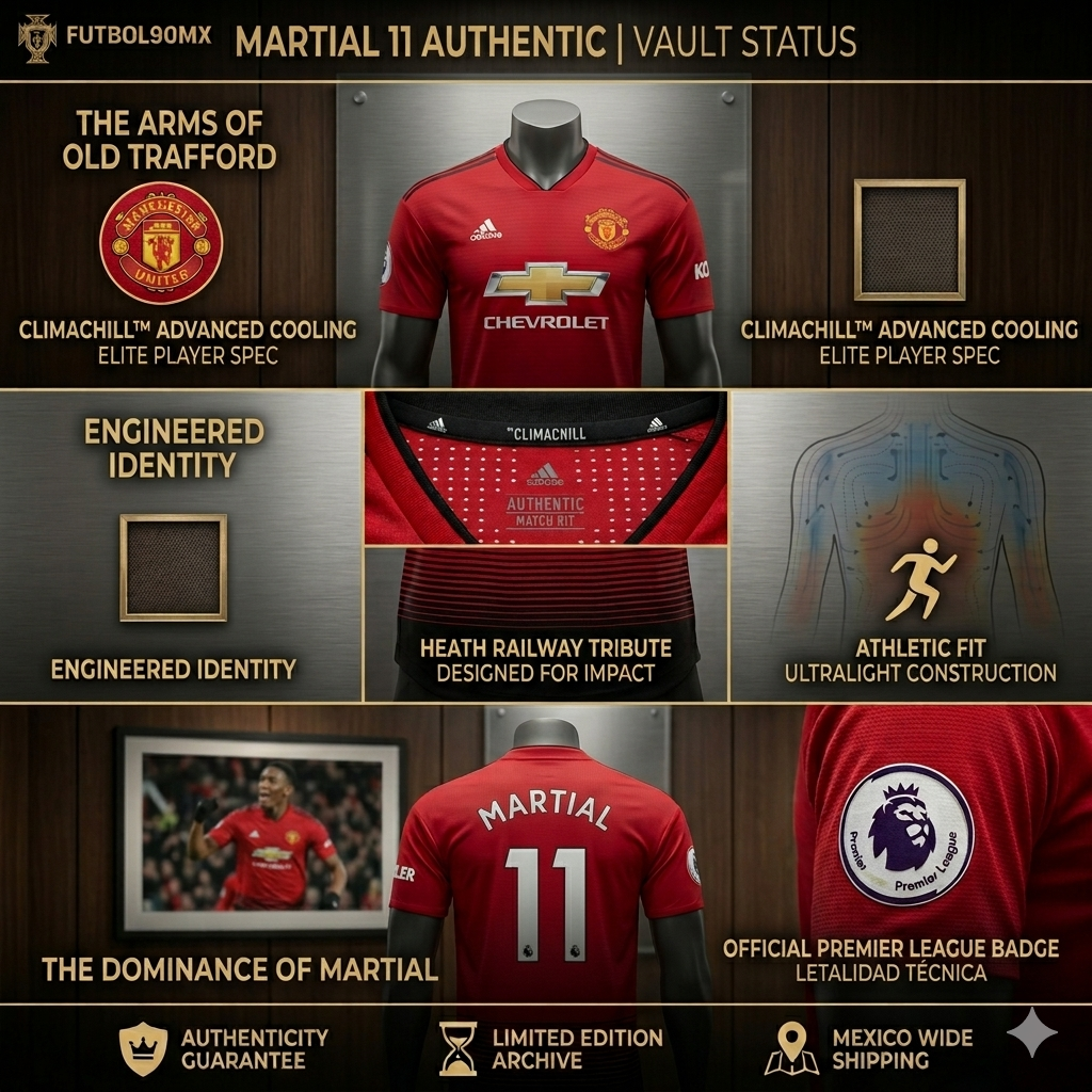 Infografía de archivo: Adidas Manchester United 2018/19 Authentic Martial #11 con detalles técnicos Climachill y estatus Vault.
