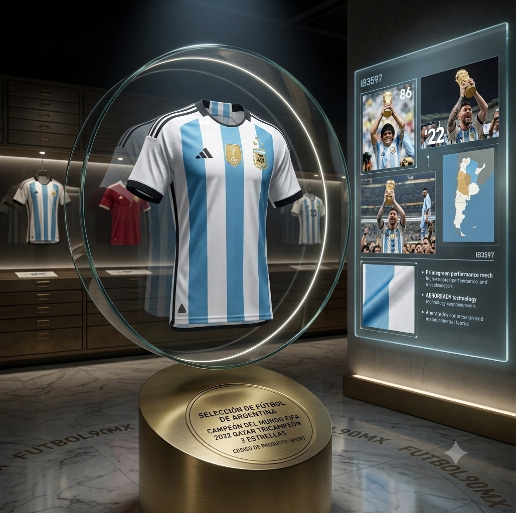 Jersey Adidas de local de Argentina Campeón del Mundo 2022 exhibido en vitrina de archivo, con placa conmemorativa, infografía técnica, código de producto IB3597 y referencia al tricampeonato, estilo boutique Futbol 90 MX.