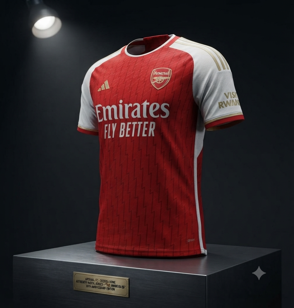 Exhibición de estilo museo del jersey de juego Authentic Match del Arsenal Local 2023/24, codigo adidas HR6931, sobre maniquí, presentada como pieza de colección en Historical Archive Boutique Futbol90MX