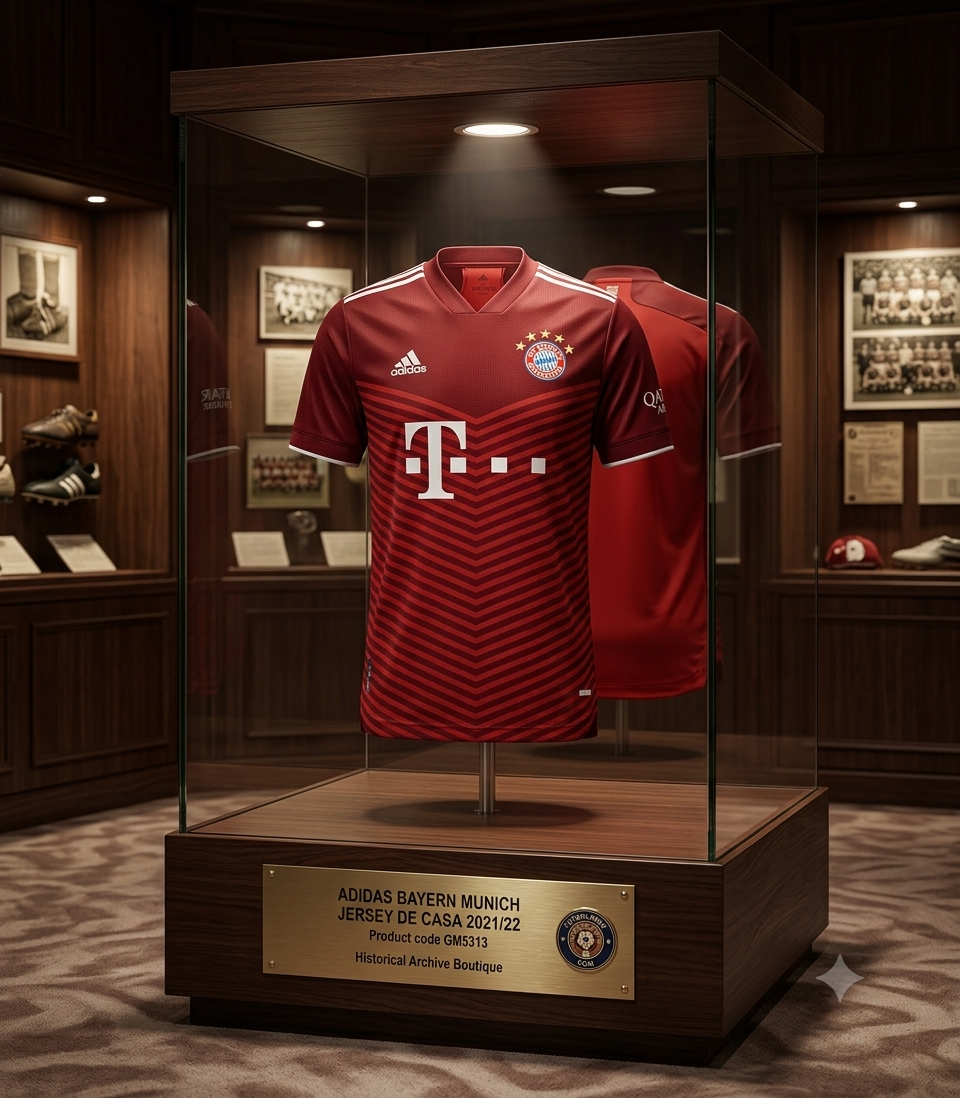 Vista calidad de museo de una vitrina de archivo iluminada con LED en un entorno sobrio, que exhibe el jersey de local Adidas del FC Bayern München 2021/22 (modelo GM5313) sobre una base estilizada, con una placa descriptiva de la colección en la parte inferior, en Historical Archive Boutique Futbol90MX