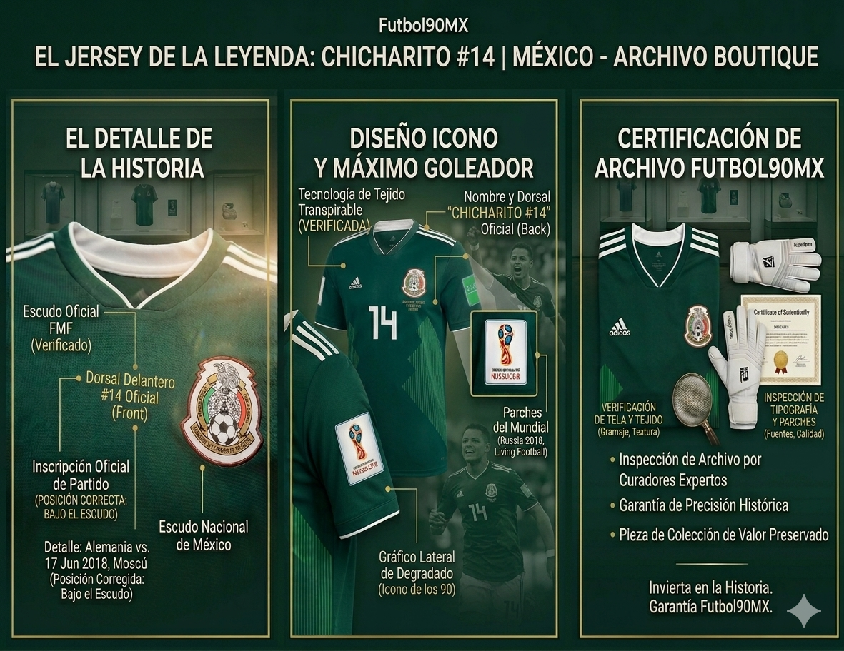 Infografía de Futbol90MX que muestra el proceso de inspección de curadores expertos y la garantía de precisión histórica para la pieza de Chicharito.