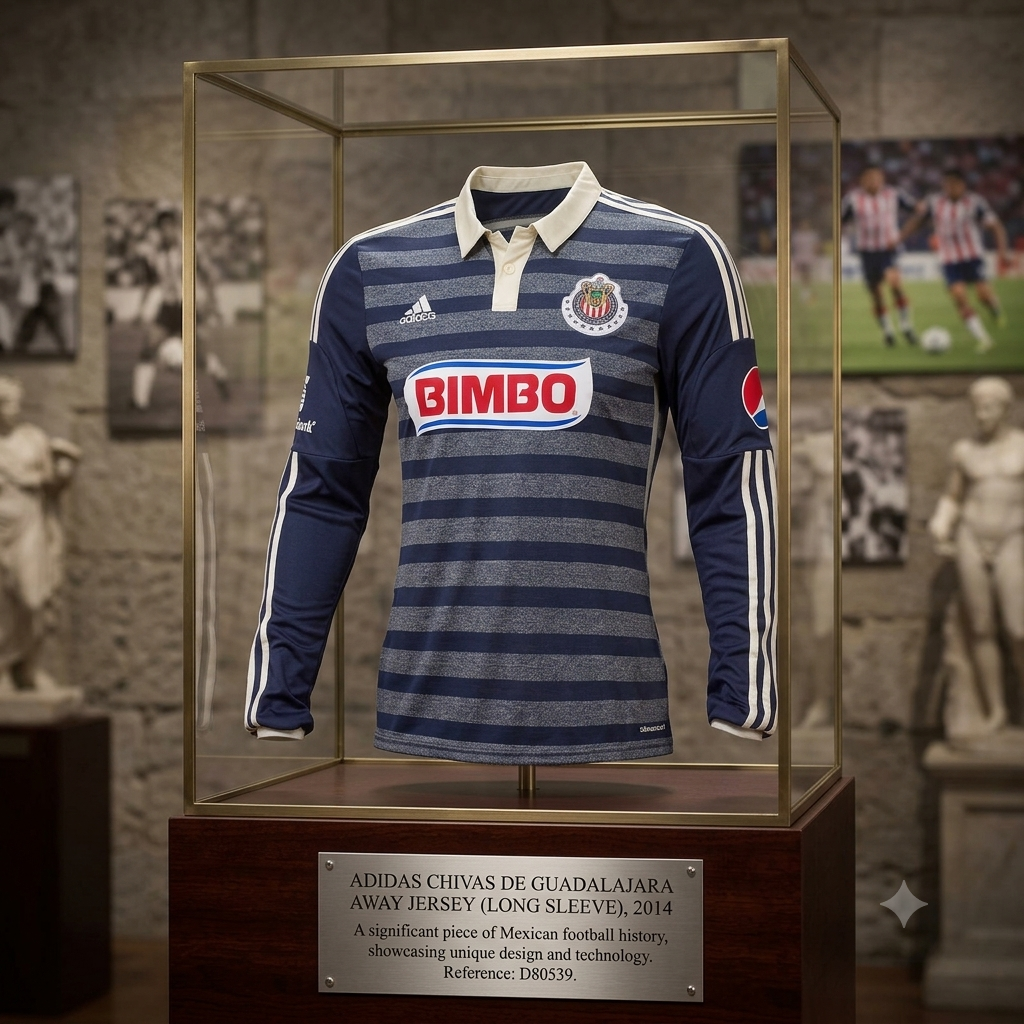 Jersey Adidas de archivo de Chivas de Guadalajara 2014 (manga larga), exhibido en una vitrina de museo con placa de autenticidad y código D80539, en Historical Archive Boutique Futbol90MX