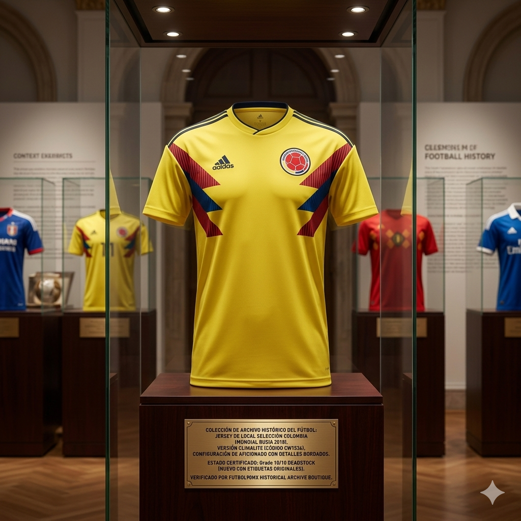 Exhibición de museo del jersey de local de Colombia (Mundial Rusia 2018) versión Climalite. Presentado en gabinete de cristal con placa dorada que certifica el código CW1526 y el estatus Deadstock 10/10, validado por Futbol90MX