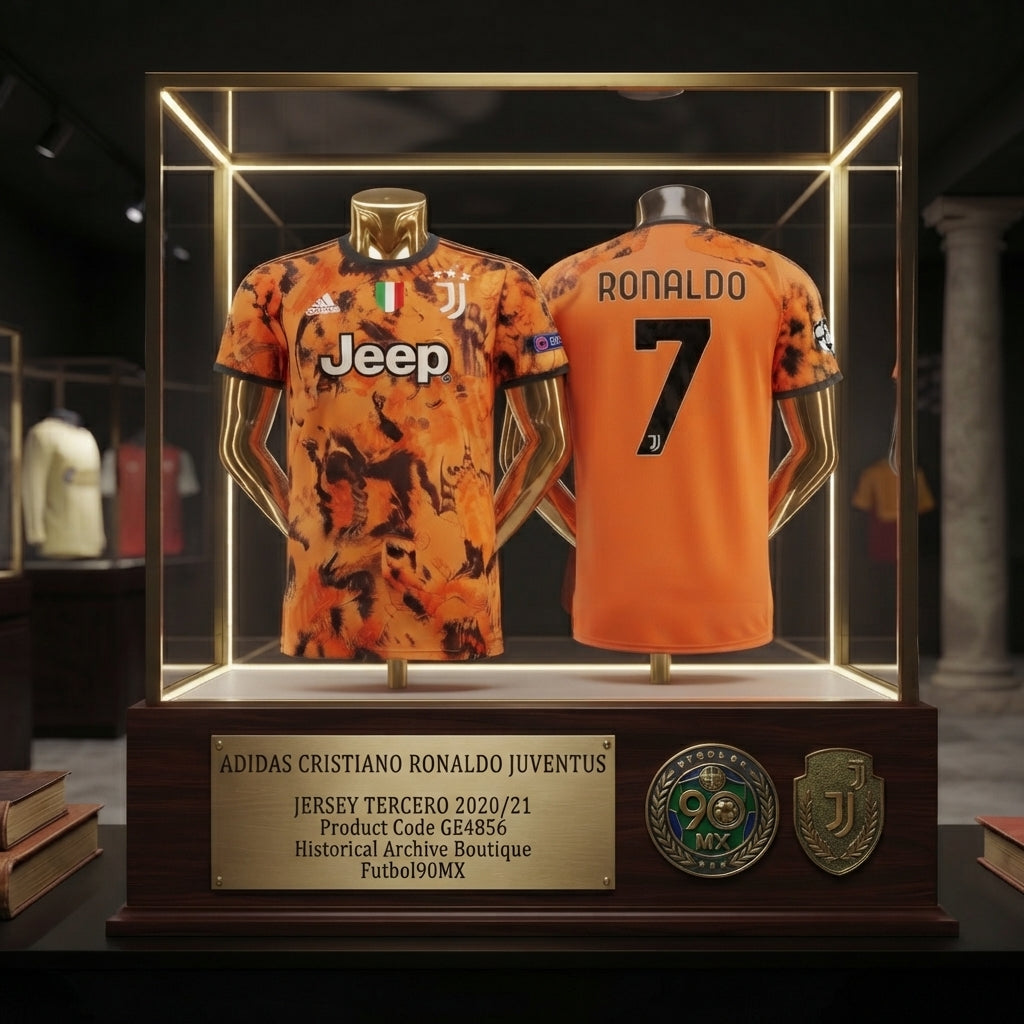 Vista de Exhibición de archivo museográfica de la camiseta tercera Adidas Cristiano Ronaldo Juventus UEFA Champions League 2020/21 (Ref. GE4856) con placa e insignia en la Historical Archive Boutique de Futbol90MX