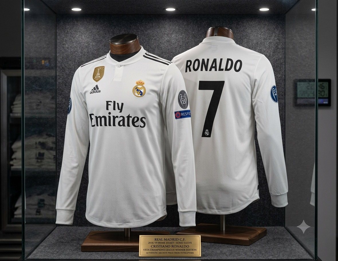 Exposición premium de archivo del jersey adidas authentic match del Real Madrid UEFA Champions League 2018/19 de Cristiano Ronaldo, presentando frente y reverso con el dorsal 7 en un entorno de conservación controlada, codigo DQ0869, en Historical Archive Boutique Futbol90MX