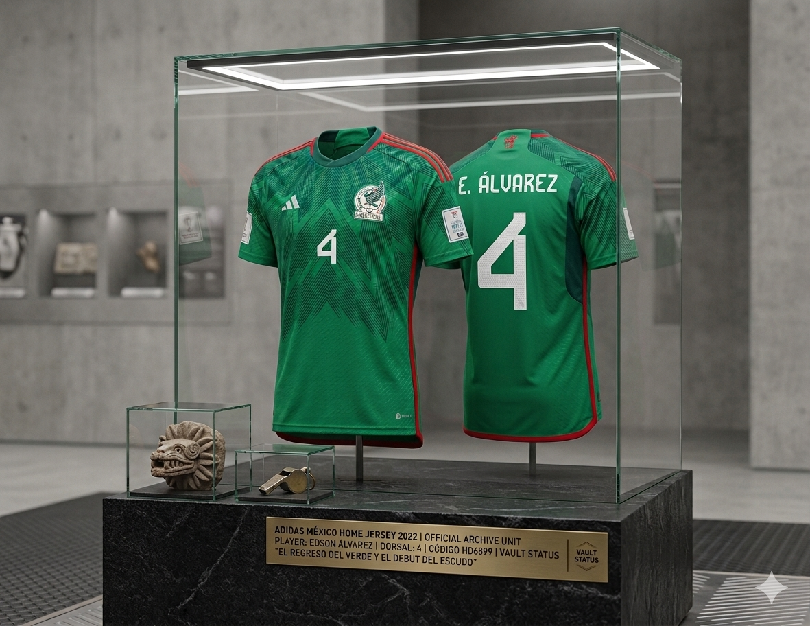 Jersey México 2022 Edson Álvarez presentado en vitrina de exhibición de la Historical Archive Boutique Futbol90MX, codigo Adidas HD6899