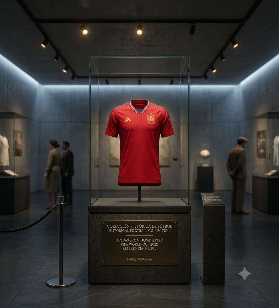 Jersey de local Adidas España Mundial FIFA 2022 exhibido en vitrina de la Historical Archive Boutique Futbol90MX, vista de museo, referencia HL1970.