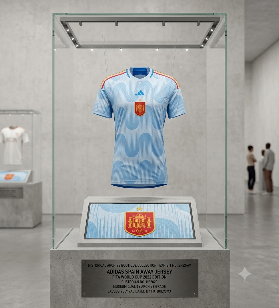 Jersey de visita Adidas España 2022 codigo HE2020, exhibido en vitrina de la Historical Archive Boutique Futbol90MX, vista frontal de museo.