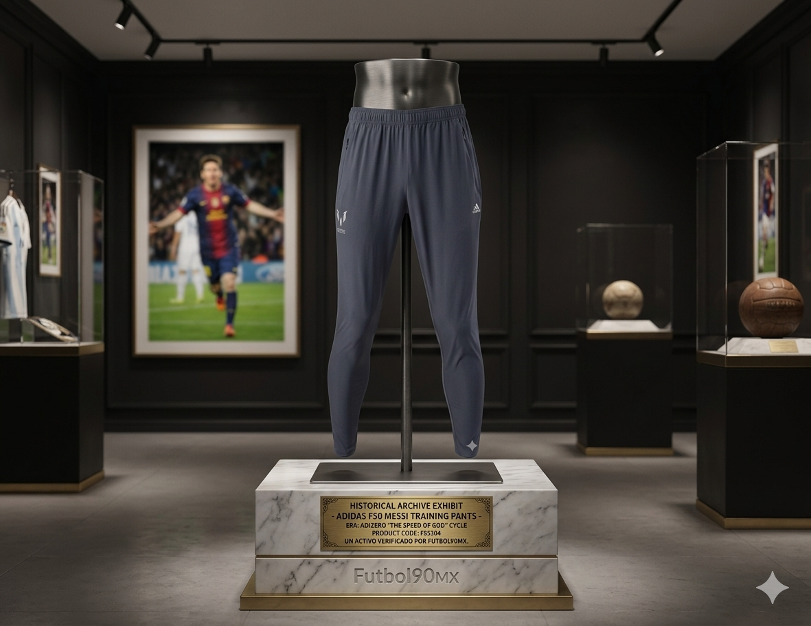 Exhibición de archivo histórico Adidas F50 Messi Training Pants en pedestal de mármol era Adizero The Speed of God activo verificado Futbol90MX SKU: F85304