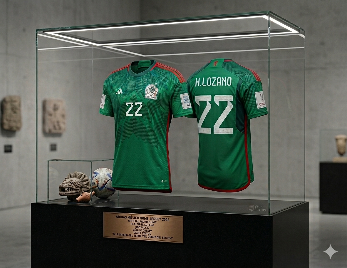 Activo de archivo Hirving Lozano México 2022 en vitrina de exhibición de lujo, estatus Vault Status Futbol90MX, codigo Adidas HD6899