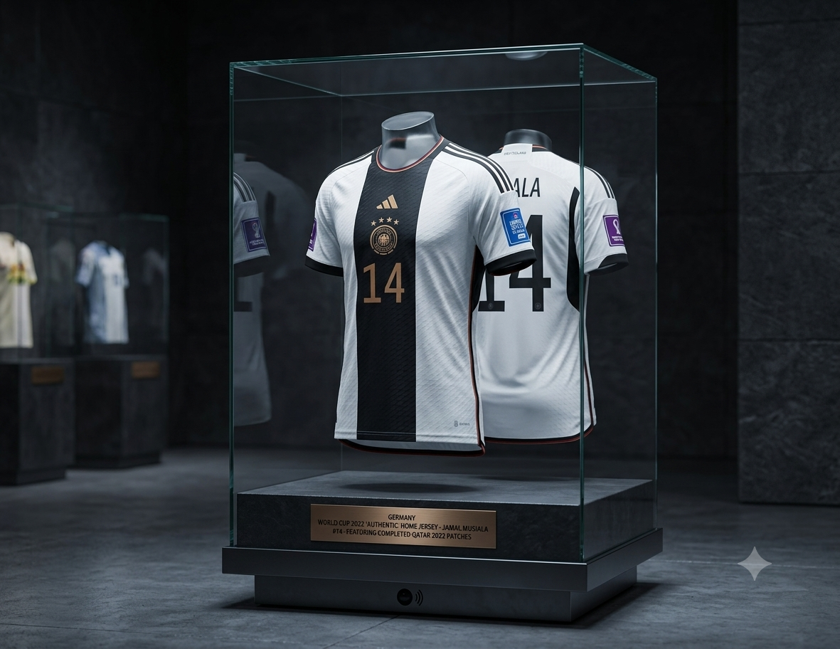 Jersey Authentic Match de Local de Alemania Mundial FIFA 2022 de Jamal Musiala exhibido en vitrina de archivo, codigo HF1693, pieza de colección curada y certificada por Futbol90MX.