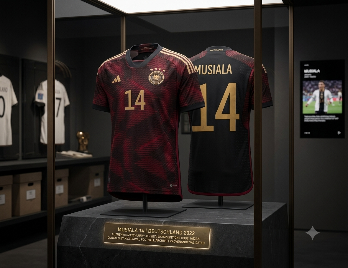 Jersey Authentic Match de visitante Alemania Mundial 2022 de Jamal Musiala, codigo Adidas HF1695, exhibido en vitrina de la Historical Archive Boutique Futbol90MX, vista de calidad museo con placa de autenticidad.