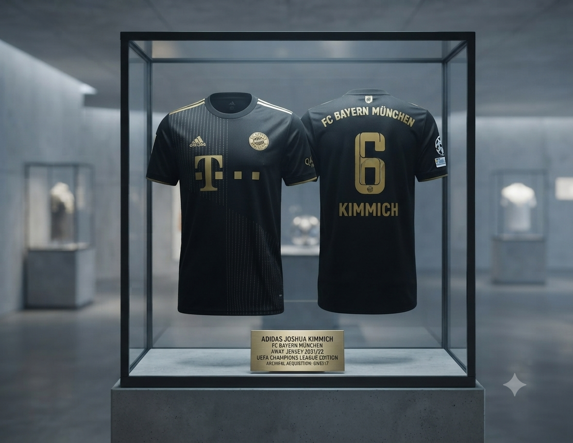 Vitrina de museo con el jersey de visitante 2021/22 de Joshua Kimmich del Bayern Munich, edición UEFA Champions League en negro y dorado, codigo Adidas GM5317, en Historical Archive Boutique Futbol90MX