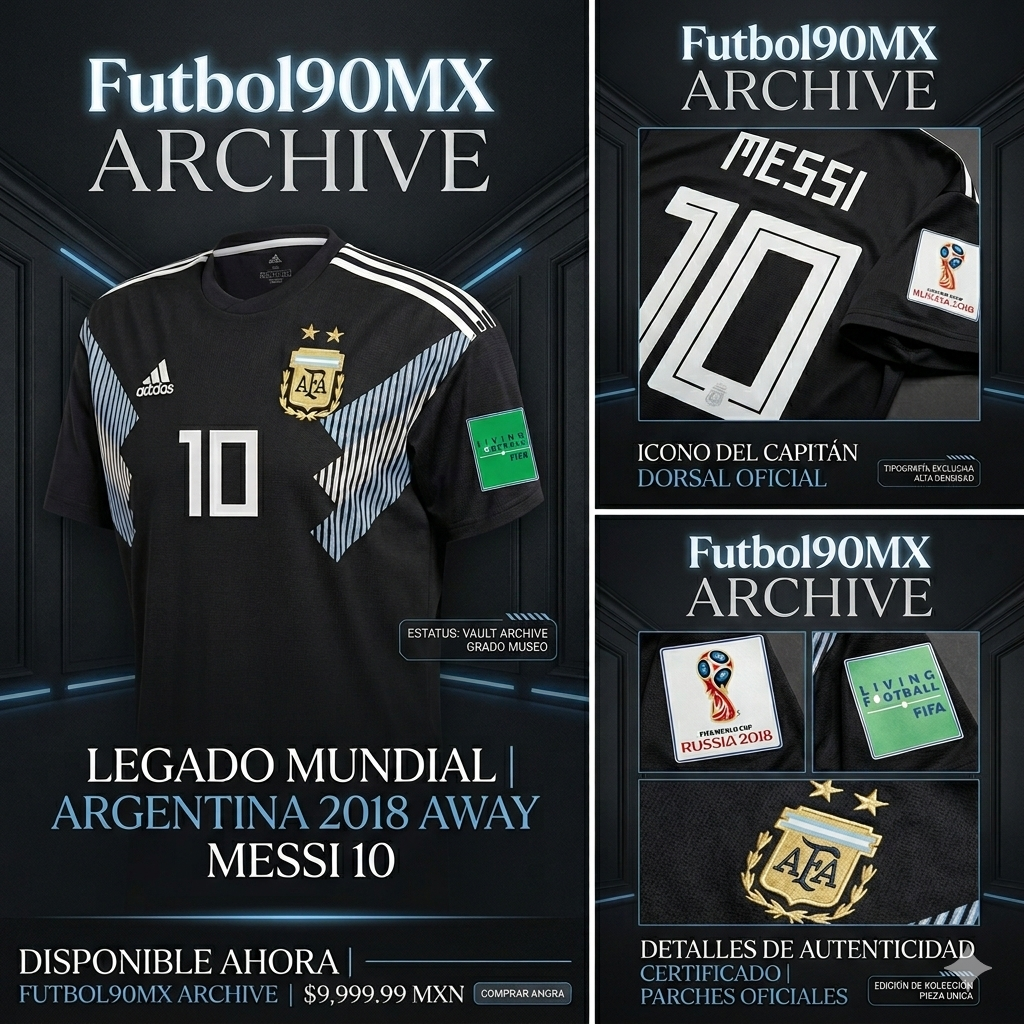 Infografía publicitaria de Futbol90MX para el jersey Argentina 2018 Messi 10. Destaca el valor de inversión de $9,999.99 MXN y detalles de certificación de parches oficiales de la FIFA.