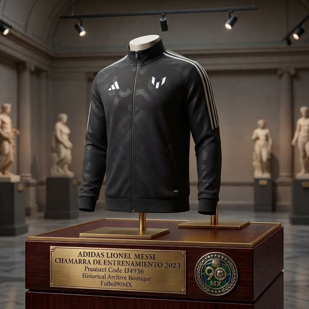 Vista de Museo de la Chamarra de entrenamiento adidas Lionel Messi 2023 (Ref. IJ4936) exhibida bajo los estándares museísticos de la Historical Archive Boutique en Futbol90MX con placa conmemorativa