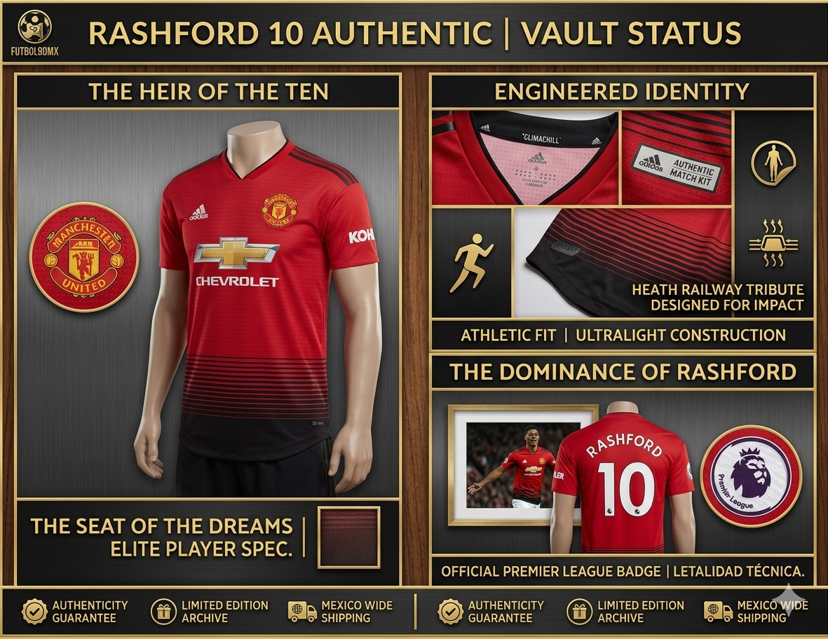 Infografía de archivo: Adidas Manchester United 2018/19 Authentic Marcus Rashford #10 con tecnología Climachill y estatus Vault.