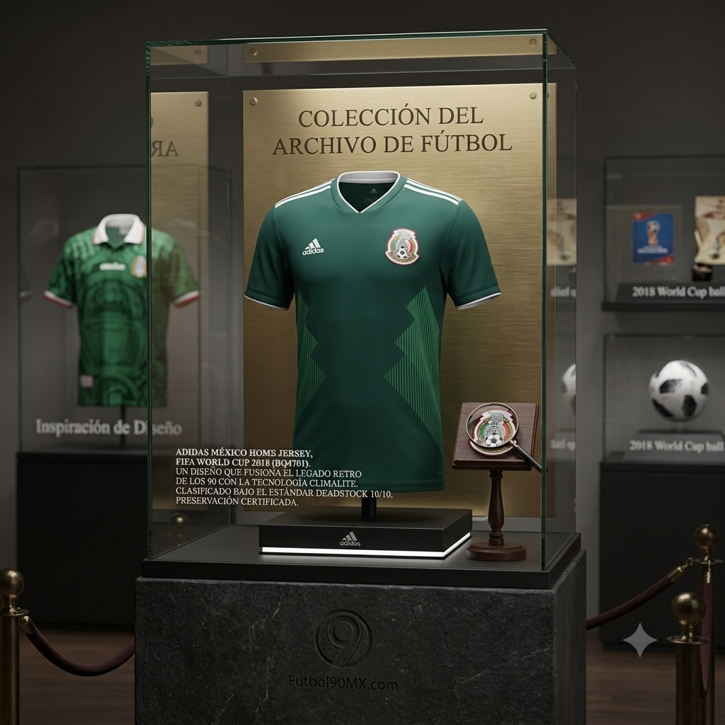 Exhibición premium estilo museo del Jersey México Local Mundial Rusia 2018 Adidas BQ4701 en vitrina de cristal de Futbol90MX
