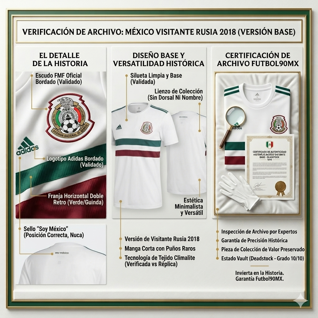 Infografía de certificación de archivo que valida la inspección técnica, precisión histórica y estatus de inversión del jersey México visita 2018.