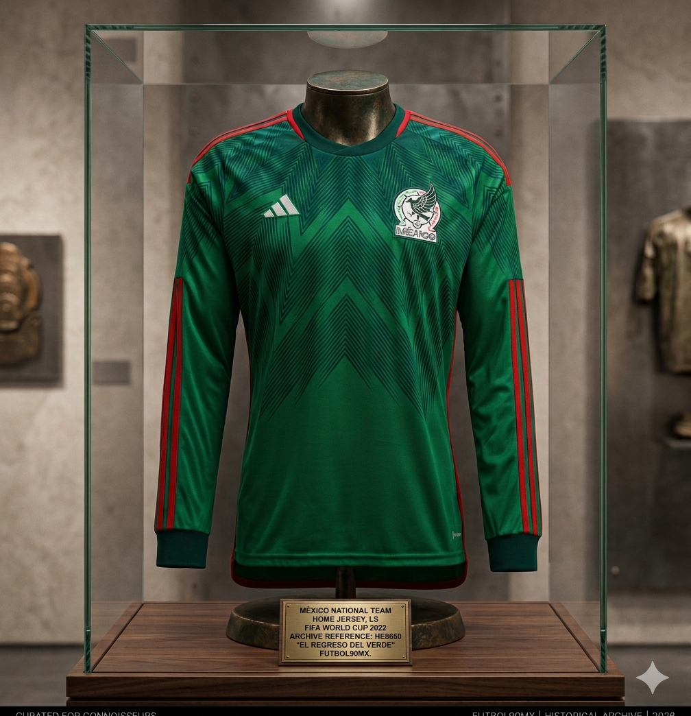Una placa de exhibición arquitectónica de latón grabado se asienta sobre la base de una vitrina de cristal, mostrando un texto preciso y estilizado que lee: 'MÉXICO NATIONAL TEAM | HOME JERSEY, LS | FIFA WORLD CUP 2022 | ARCHIVE REFERENCE: HE8850 | 'EL REGRESO DEL VERDE' | CURATED BY FUTBOL90MX'.