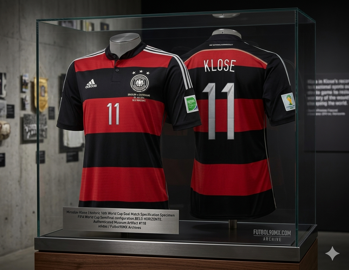 Jersey original Alemania visita 2014 Miroslav Klose expuesto en vitrina de cristal con placa metálica de autenticidad y reporte de archivo histórico Futbol90MX, codigo Adidas G74520