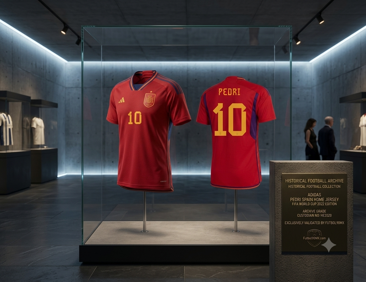 Jersey de local Adidas España Mundial FIFA 2022 personalizado con Pedri #10, codigo HL1970, exhibido en vitrina de la Historical Archive Boutique Futbol90MX, vista de museo.