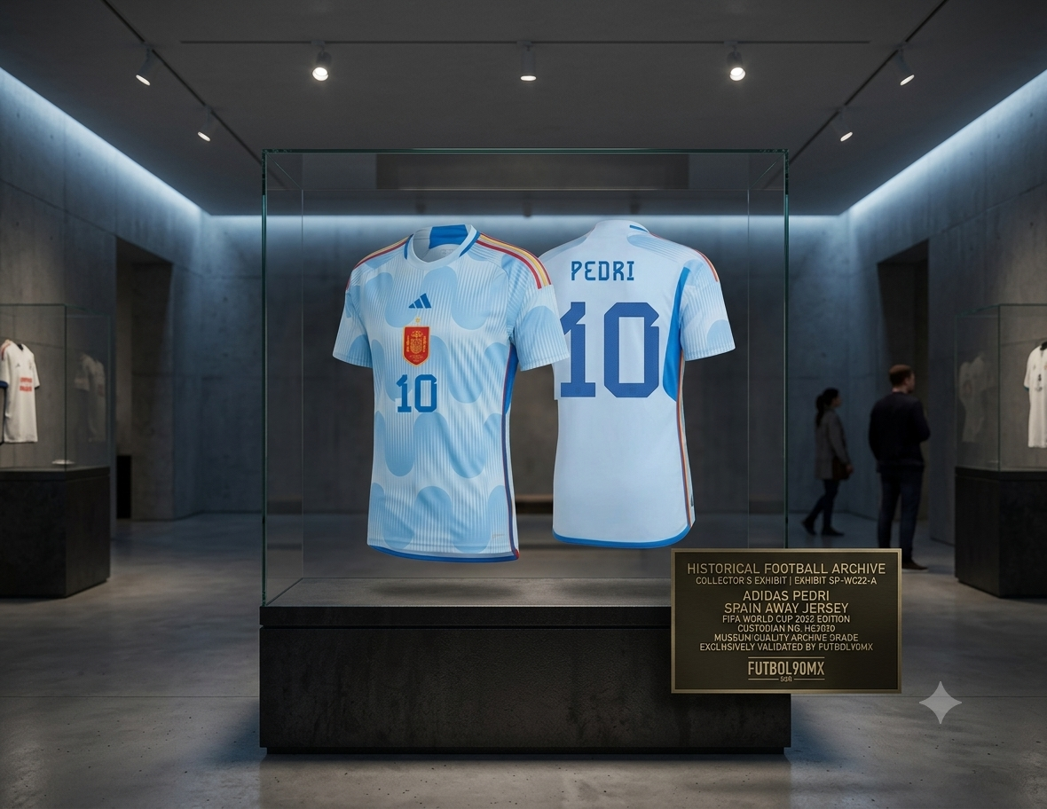 Jersey de visita Adidas España Copa Mundial 2022 personalizado con Pedri #10, codigo HE2020, exhibido en vitrina de la Historical Archive Boutique Futbol90MX, vista de museo.