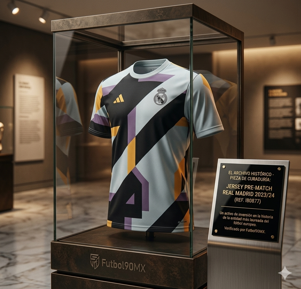 Exhibición de archivo histórico Jersey Real Madrid Pre-match 2023-24 en vitrina de lujo colección Futbol90MX Adidas IB0877