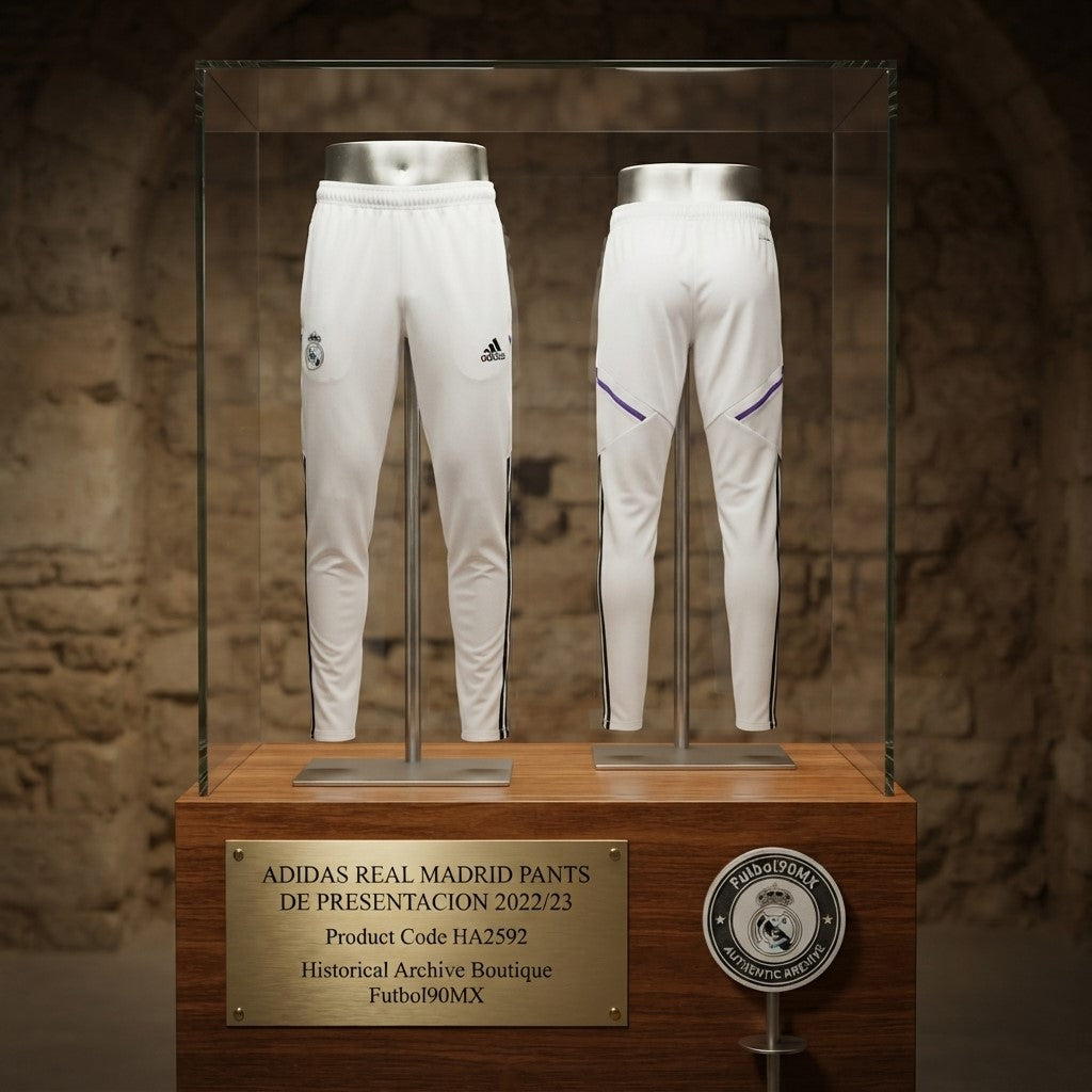 Exhibición de archivo museográfica de los pantalones Adidas Real Madrid Presentation Pants 2022/23 (Ref. HA2592) con placa en la Historical Archive Boutique de Futbol90MX