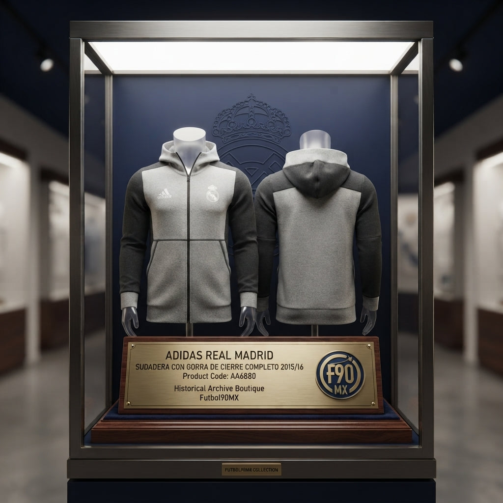 Vista de Museo de la Sudadera con gorra y cierre completo Adidas Real Madrid 2015/16 (AA6880) expuesta en una vitrina museística de la Historical Archive Boutique, acompañada de elementos de colección de Futbol90MX