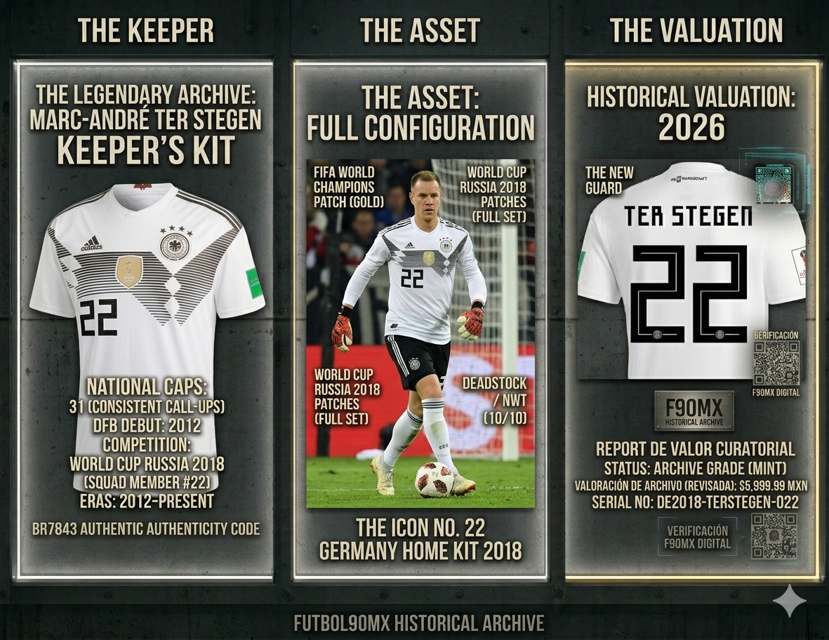 Reporte curatorial de Futbol90MX para el jersey de Ter Stegen 2018. Detalles de carrera del portero, configuración completa de parches y valoración de archivo optimizada para 2026.