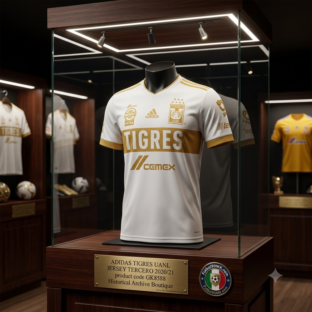 Fotografía con calidad de museo de la vitrina de archivo que exhibe el jersey tercero Adidas de Tigres UANL 2020/21 (GK8588), con iluminación cenital y una placa descriptiva de latón, disponible en Historical Archive Boutique Futbol90MX