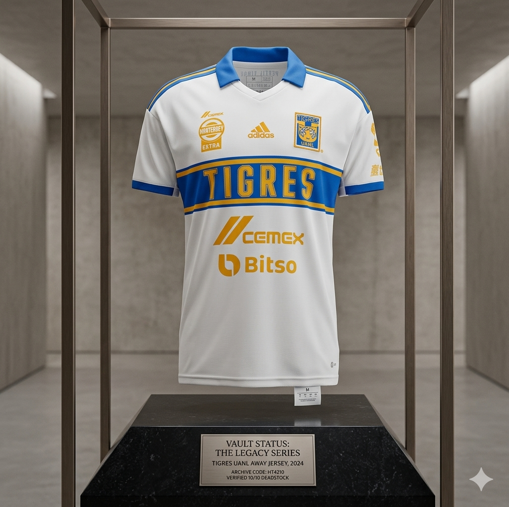 Representación artística de archivo del Jersey Tigres UANL 2023 en vitrina de museo. Vault Status: The Legacy Series, pieza de colección verificada en Futbol90MX con código HT4210.