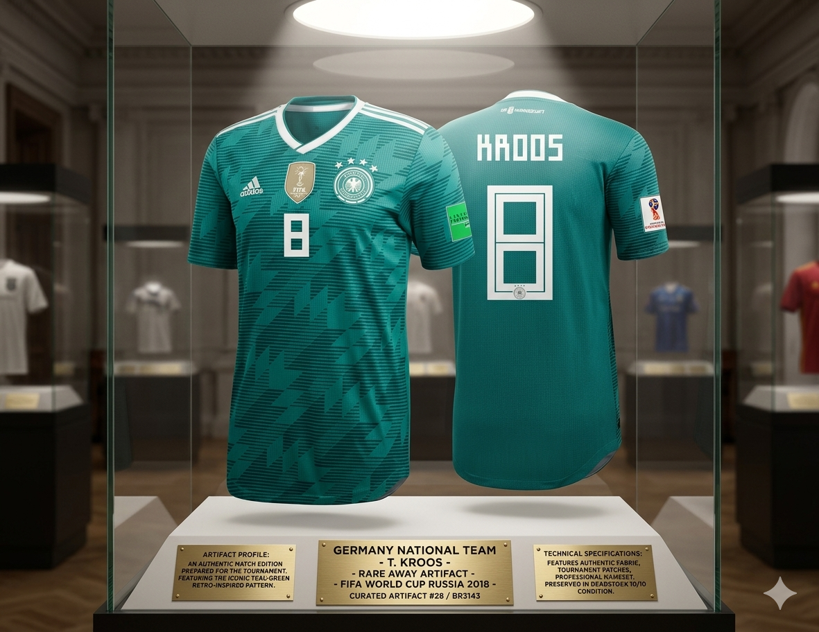Exhibición de museo del jersey Adidas Authentic Match de Alemania 2018, personalizado con el #8 de Toni Kroos. La pieza se presenta en un gabinete de cristal sobre un pedestal oscuro con placas doradas que detallan su autenticidad, código BR3143, y su estatus como pieza fundamental de archivo en Futbol90MX.