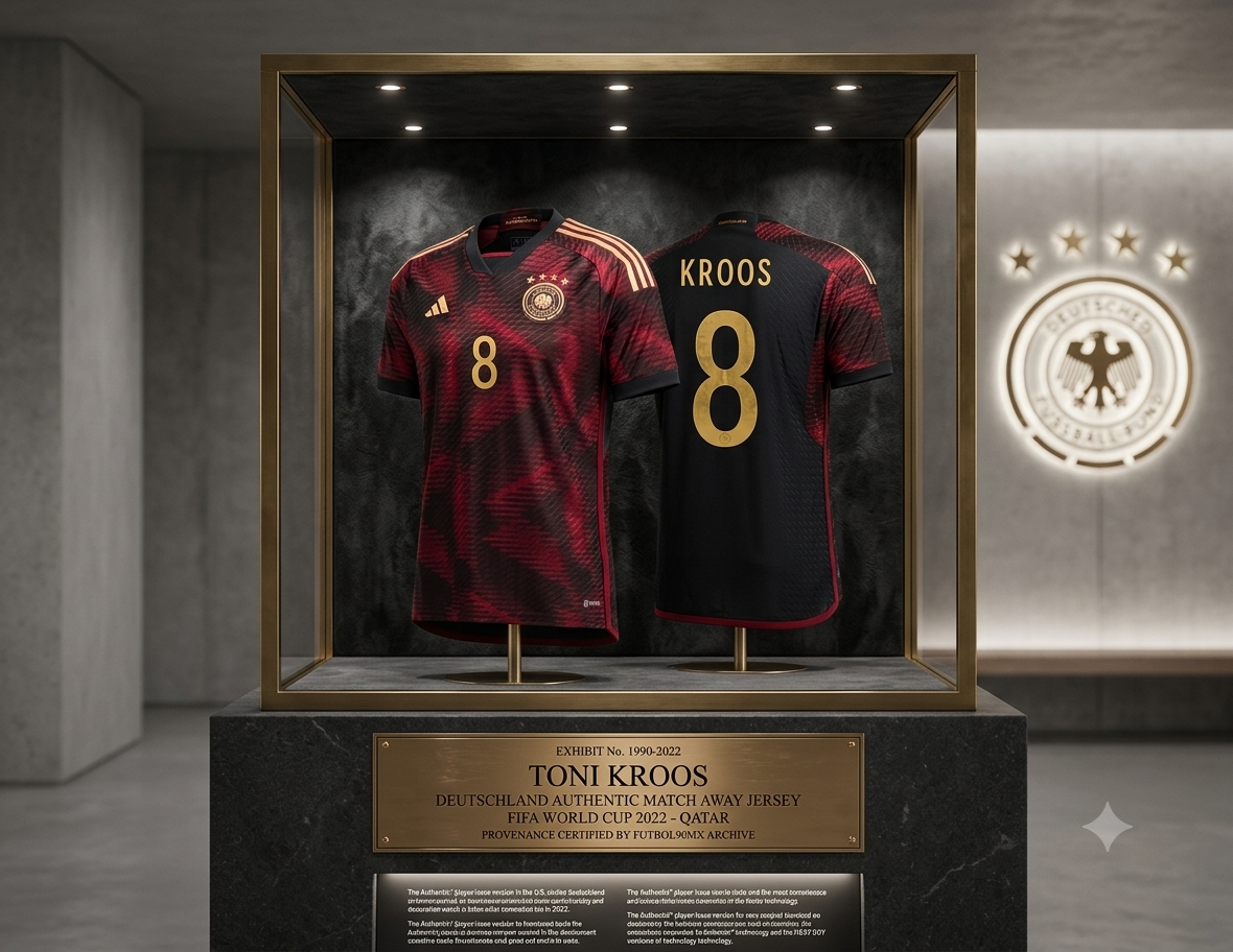 Imagen de calidad museo del jersey Authentic Match de visitante Alemania Mundial 2022 de Toni Kroos, codigo Adidas HF1695, exhibido como artefacto histórico en una vitrina personalizada. La parte frontal y trasera están montadas sobre un soporte minimalista. Una placa de bronce iluminada en el pedestal certifica la procedencia: 'EXHIBIT No. 1990-2022 | TONI KROOS | DEUTSCHLAND AUTHENTIC MATCH AWAY JERSEY | FIFA WORLD CUP 2022 - QATAR | PROVENANCE CERTIFIED BY FUTBOL90MX ARCHIVE'.