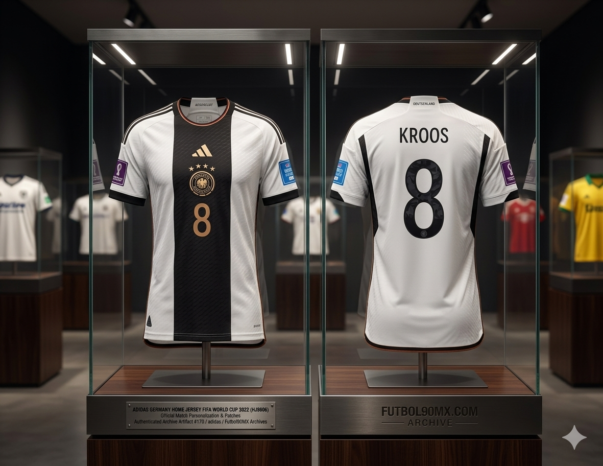 Imagen de Doble Vitrina (Kroos): Activos textiles de galería: Jersey Adidas de Alemania Local 2022 Toni Kroos #8 exhibido de frente y reverso dentro de vitrinas de cristal iluminadas de la Historical Archive Boutique de Futbol90MX, codigo HJ9606
