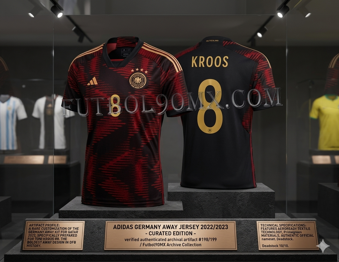 Exhibición de museo del jersey Adidas de Alemania 2022 personalizado como Toni Kroos #8. La prenda se presenta sobre pedestales de piedra con placas doradas descriptivas en un entorno de archivo con iluminación dirigida. La imagen destaca el nombre y número en oro mate, junto a los detalles técnicos de la edición limitada de la colección de Futbol90MX, codigo HJ9604