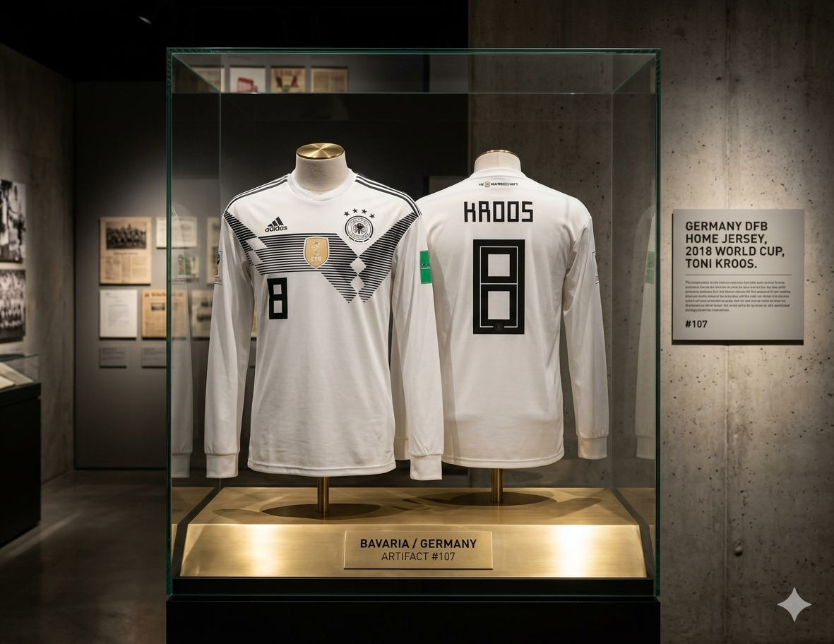 Jersey de colección de Alemania Mundial 2018 manga larga Toni Kroos 8 en vitrina de exposición con placa metálica de archivo histórico Futbol90MX, codigo Adidas BR7830