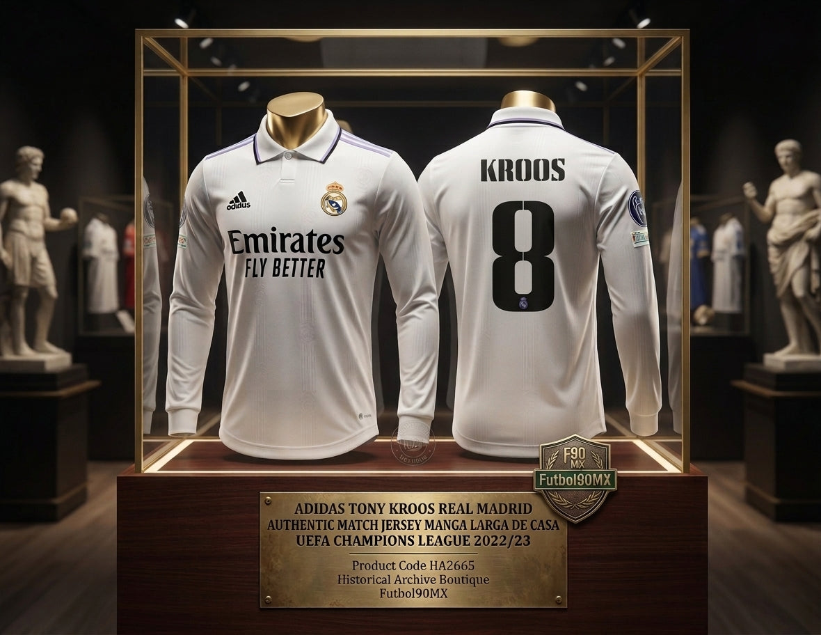 Exhibición de archivo museístico de la camiseta Adidas Toni Kroos Real Madrid Authentic Match Home UEFA Champions League 2022/23 (Ref. HA2665) en la Historical Archive Boutique de Futbol90MX