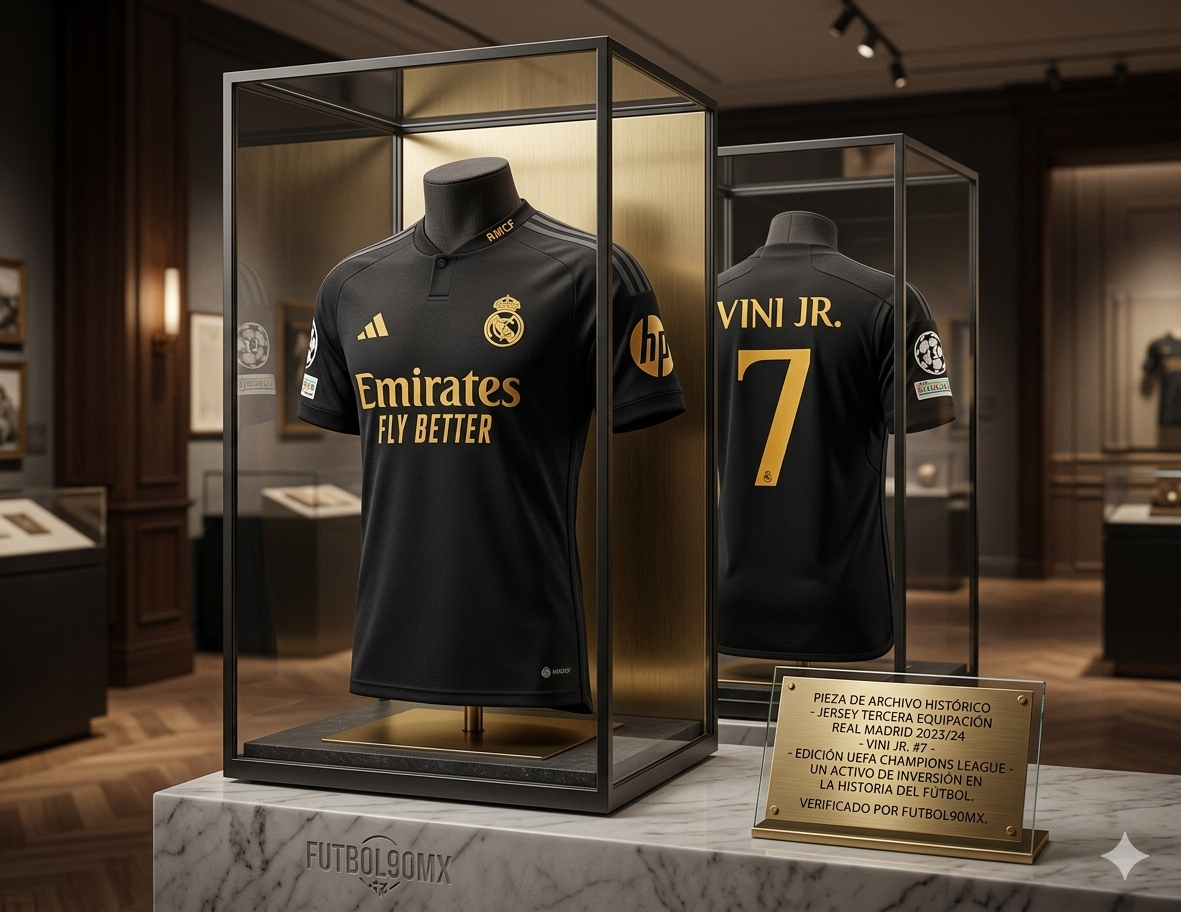 Exhibición de archivo histórico Jersey Real Madrid Tercero 2023-24 Vinícius Júnior vitrina de lujo Futbol90MX Adidas IN9846