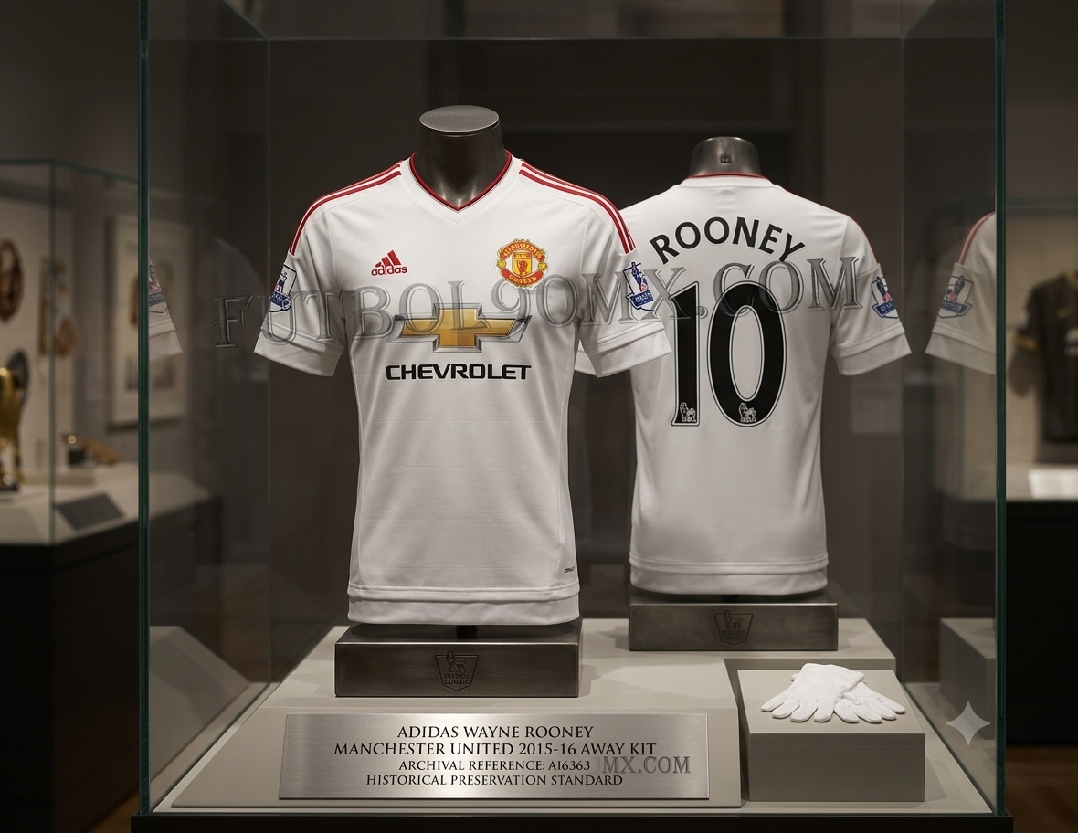 Exhibición de archivo del jersey Adidas Manchester United 2015-16 de Wayne Rooney (10), mostrando frente y espalda en vitrina con guantes de curador y el sello Futbol90MX.com, referencia AI6363.
