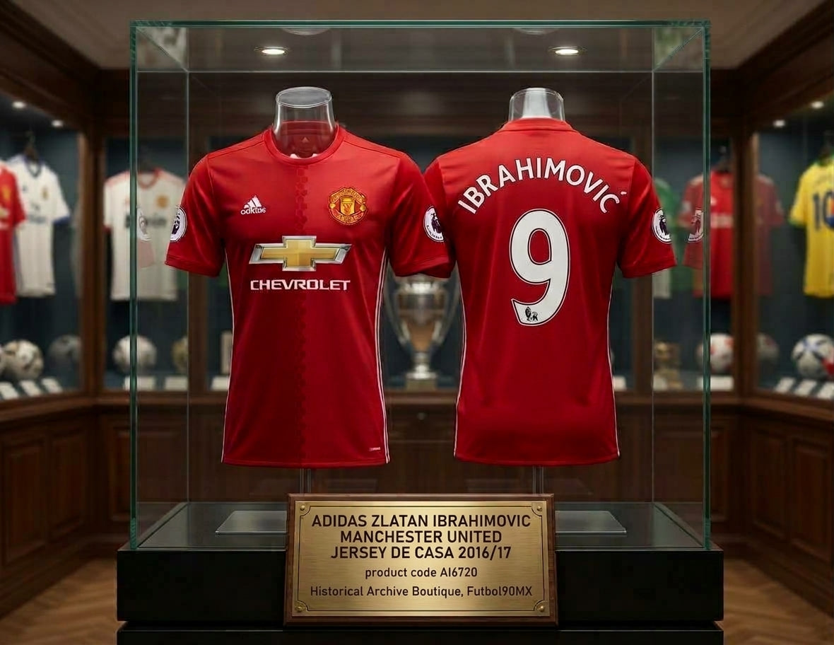 Exhibición museográfica del jersey adidas Manchester United Local 2016/17 Zlatan Ibrahimović #9 (Ref. AI6720) en vitrina iluminada de la Historical Archive Boutique de Futbol90MX