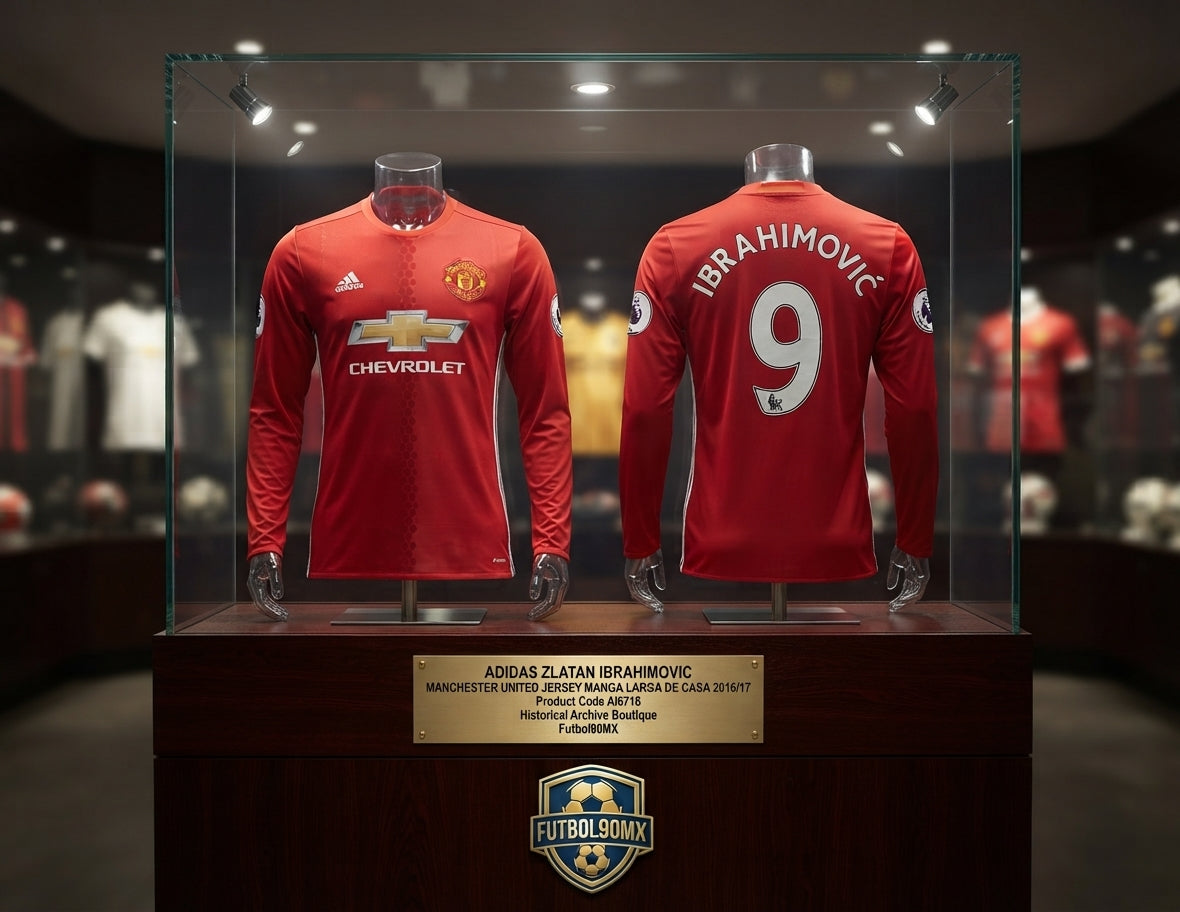 Vista de la Exhibición de archivo museográfica con el dorsal Ibrahimovic 9 en el jersey Adidas Manchester United long Sleeve Home 2016/17 (Ref. AI6718) en la Historical Archive Boutique de Futbol90MX