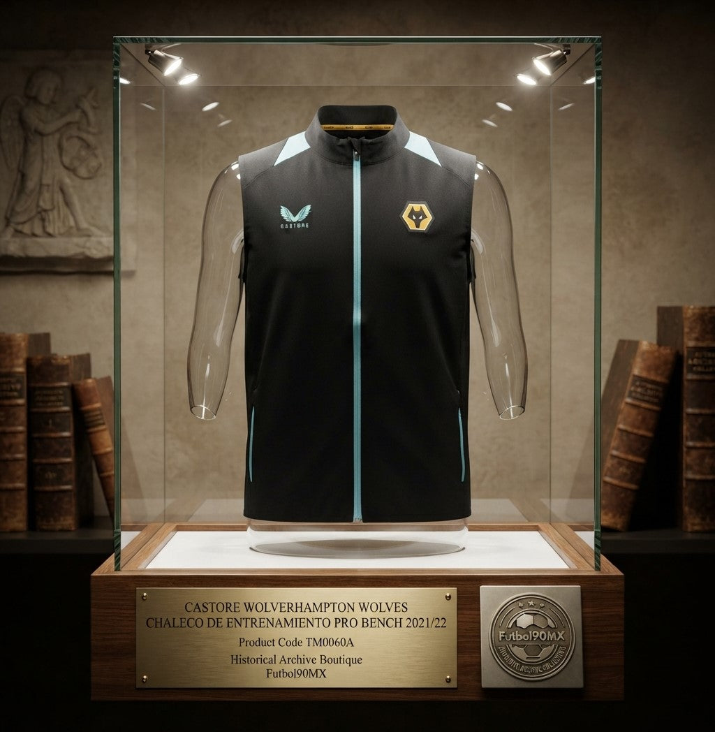 Exhibición de archivo museográfica del chaleco Castore Wolverhampton Wolves Pro Bench 2021/22 (Ref. TM0060A) con placa e insignia en la Historical Archive Boutique de Futbol90MX