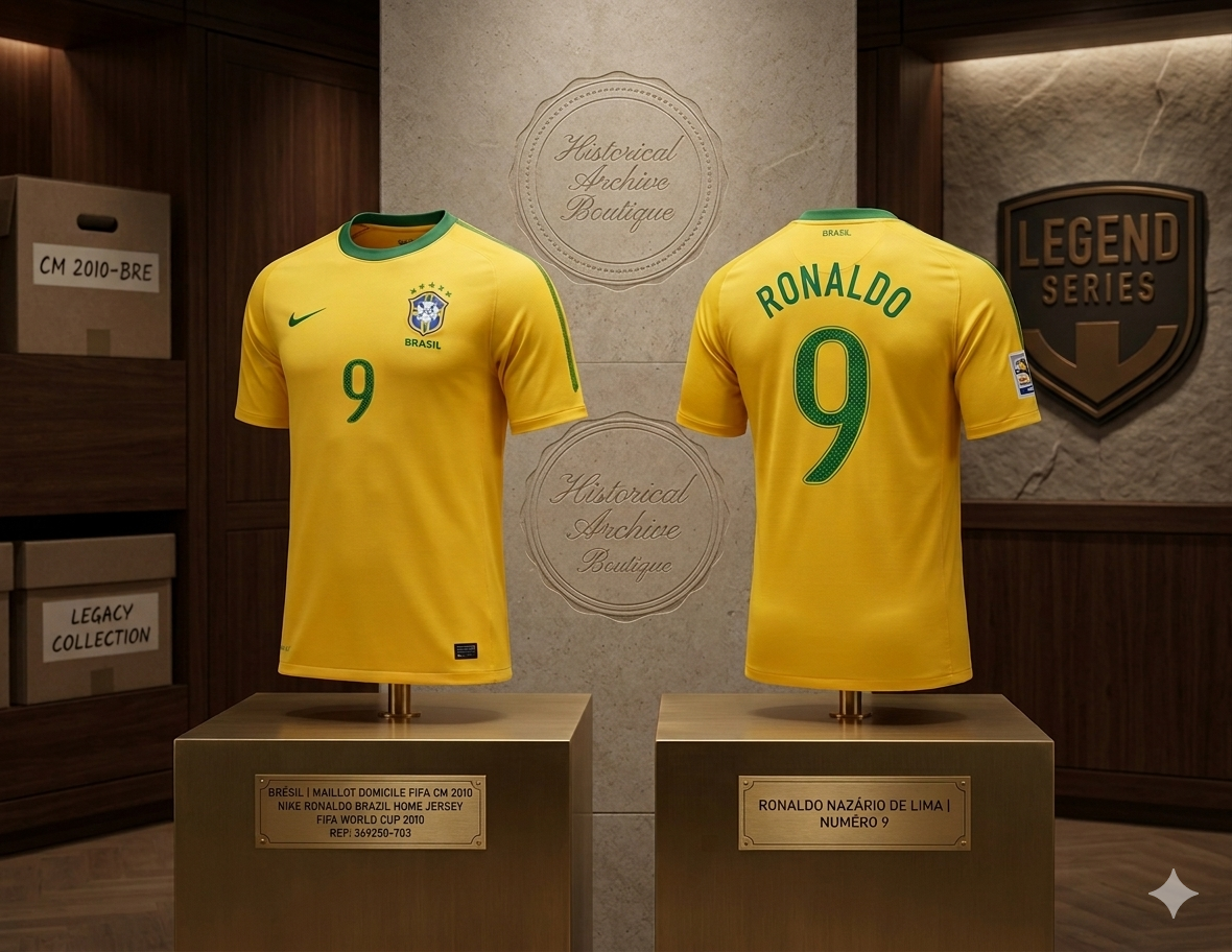 Jersey Nike Brasil Local Mundial FIFA 2010 Ronaldo Nazário #9, codigo 369250-703, pieza original de la Legend Series en Historical Archive Boutique Futbol90MX