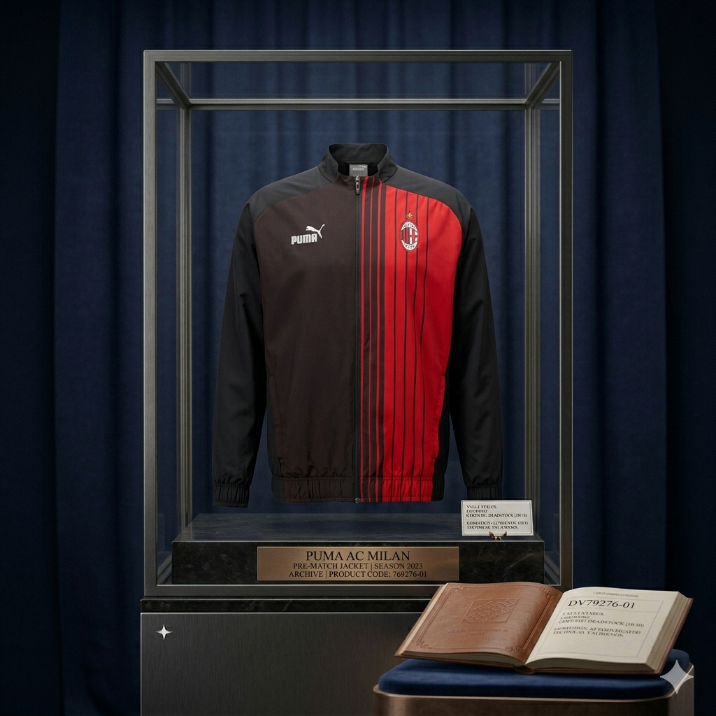 Chamarra PUMA AC Milan Pre-Match 2023 exhibida en vitrina de archivo histórico con placa de bronce grabada, código de producto 769276-01 y certificación Vault Status de Futbol90MX.
