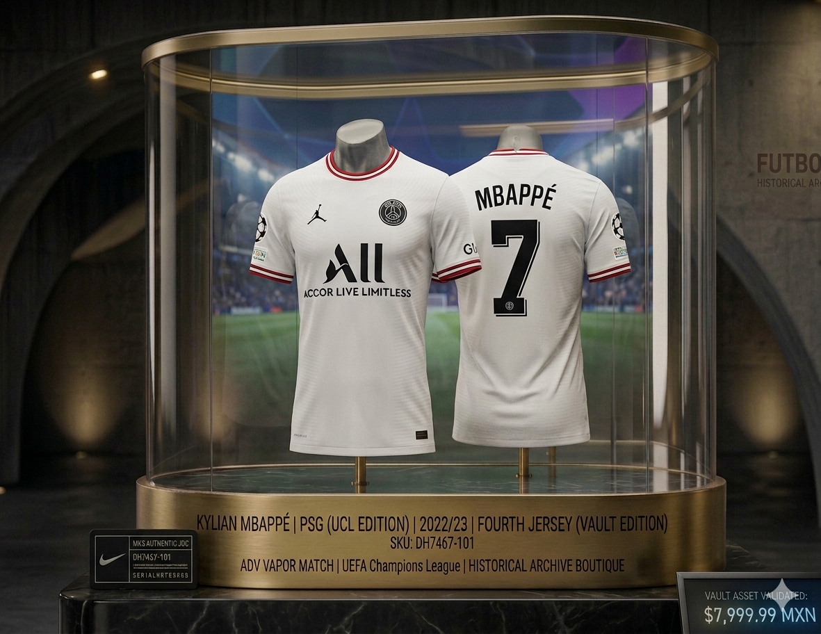 Vitrina de exhibición de lujo en la Futbol90MX Historical Archive Boutique presentando el jersey Jordan Paris Saint-Germain 2022-23 Fourth en versión de jugador (ADV Match). El jersey blanco, con detalles en rojo y azul, se muestra sobre un maniquí invisible dentro de una vitrina de cristal curvado con base de oro grabada. La base muestra: 'KYLIAN MBAPPÉ | PSG (UCL EDITION) | 2022/23 | FOURTH JERSEY (VAULT EDITION)', 'SKU: DH7467-101' y 'ADV VAPOR MATCH | UEFA Champions League | HISTORICAL ARCHIVE BOUTIQUE'